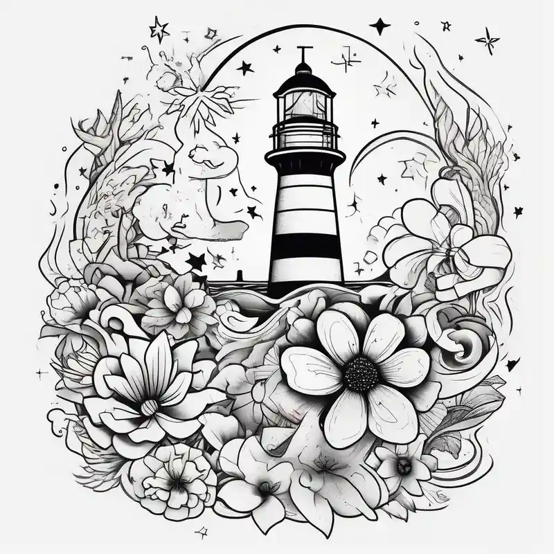 cartoon style Ideas de tatuajes de océano en 2025 about Flowers 
Galaxy
Ocean
Stars 
Lighthouse and Flowers 
Galaxy
Ocean
Stars 
Lighthouse