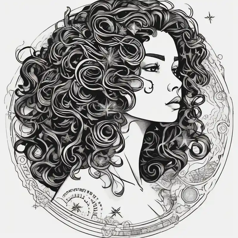 japanese style Star Tattoo Ideas and Designs in 2025 & free generation about A shadow of a woman's head with long curly hair like Merida from Brave movie and her hair is made of stars planets and galaxies. Just the shadow of the woman no face galaxy and A shadow of a woman's head with long curly hair like Merida from Brave movie and her hair is made of stars planets and galaxies. Just the shadow of the woman no face galaxy