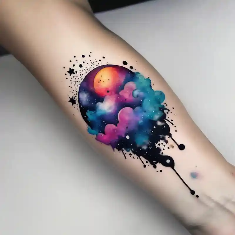 watercolor style 2025年のブレスレットタトゥーアイデア about A wrist tattoo in a format of a cloud with the bracelet orientation and inside of this cloud I want galaxy stars and planets and A wrist tattoo in a format of a cloud with the bracelet orientation and inside of this cloud I want galaxy stars and planets