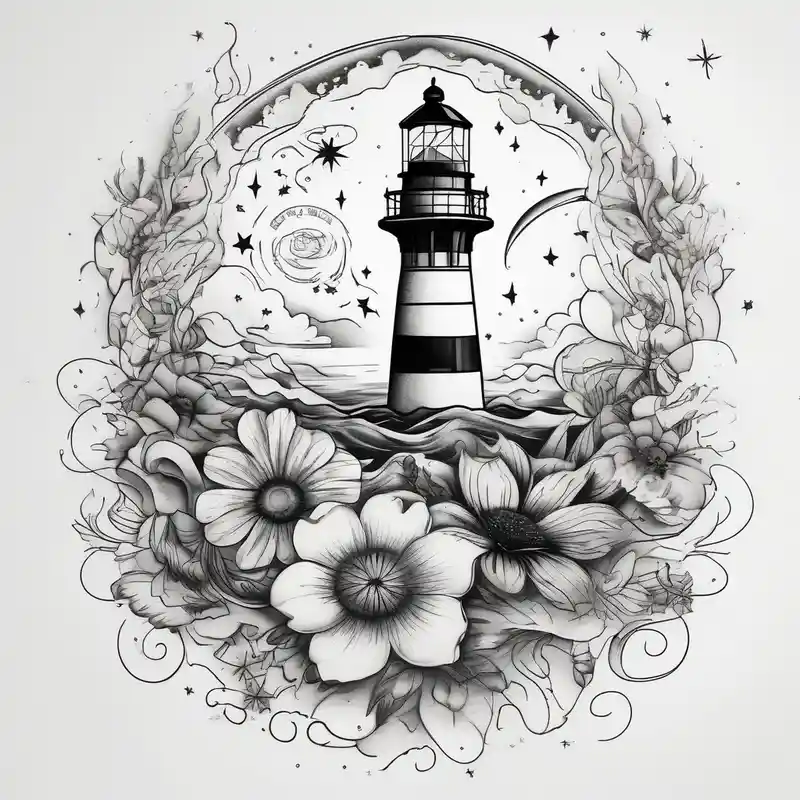 surreal style Ocean Tattoo Ideas in 2025 about Flowers 
Galaxy
Ocean
Stars 
Lighthouse and Flowers 
Galaxy
Ocean
Stars 
Lighthouse