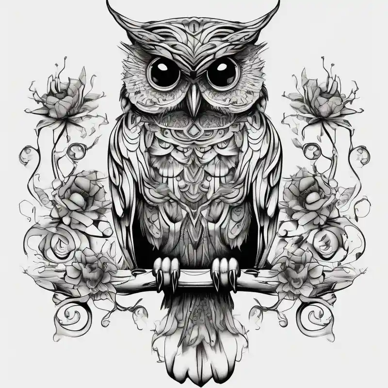 cartoon style Glitter Tattoo Ideas in 2025 about whimsical detailed fantasy owl with flowers with glitter black and sitting on a bed of thorns