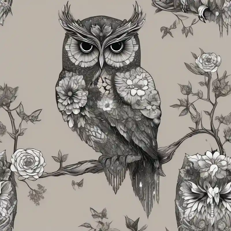 realistic style Idées de tatouages pailletés en 2025 about whimsical detailed fantasy owl with flowers with glitter black and sitting on a bed of thorns