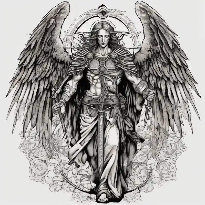 dotwork style 2025年の男性向けキリスト教のタトゥー about Holy Archangel and Biblical