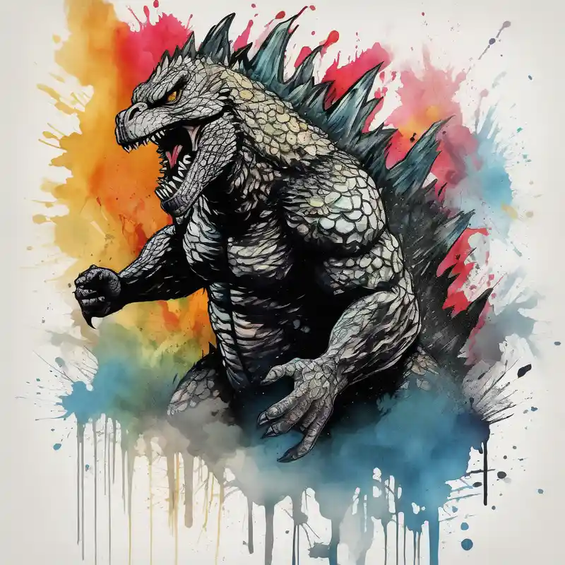 watercolor style 2025年の「神は高低を超える」というタトゥーアイデア about godzilla and full body