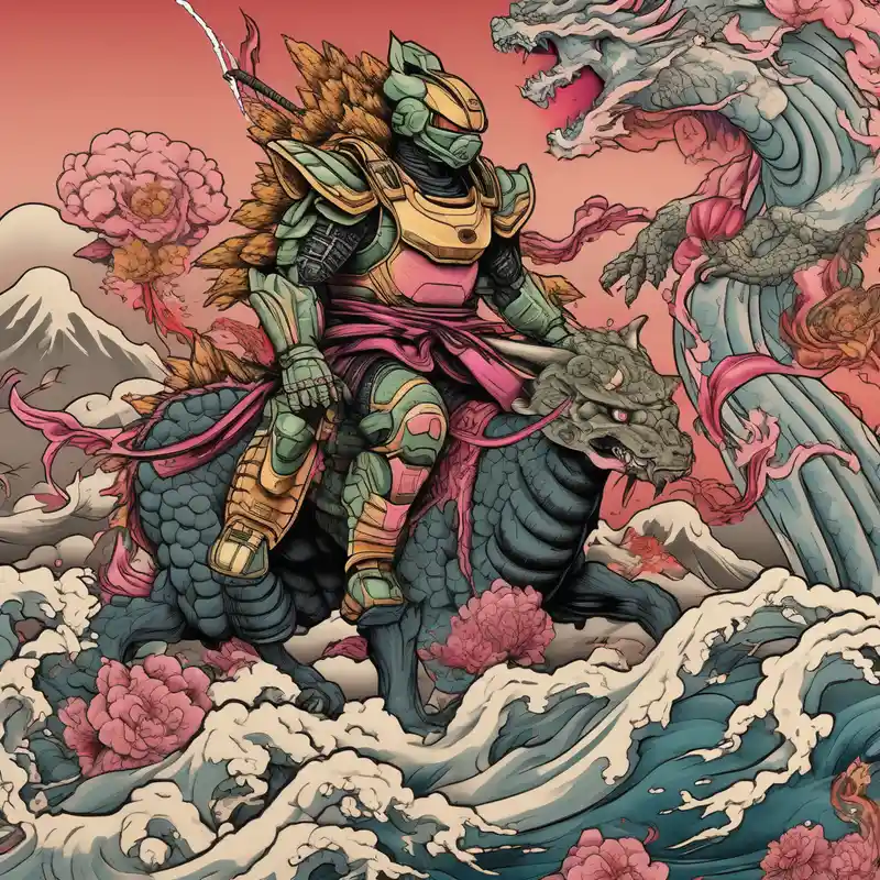 japanese style God is Greater Than the Highs and Lows Tattoo Ideas in 2025 about A Japanese styled tattoo depicting Master Chief riding the Nine Tails and while they battle Majin But on top of Godzilla. Everyone is wearing vibrant samurai outfits.