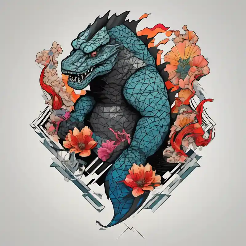 geometric style 2025年の「神は高低を超える」というタトゥーアイデア about Godzilla and a Koi fish and Godzilla and a Koi fish