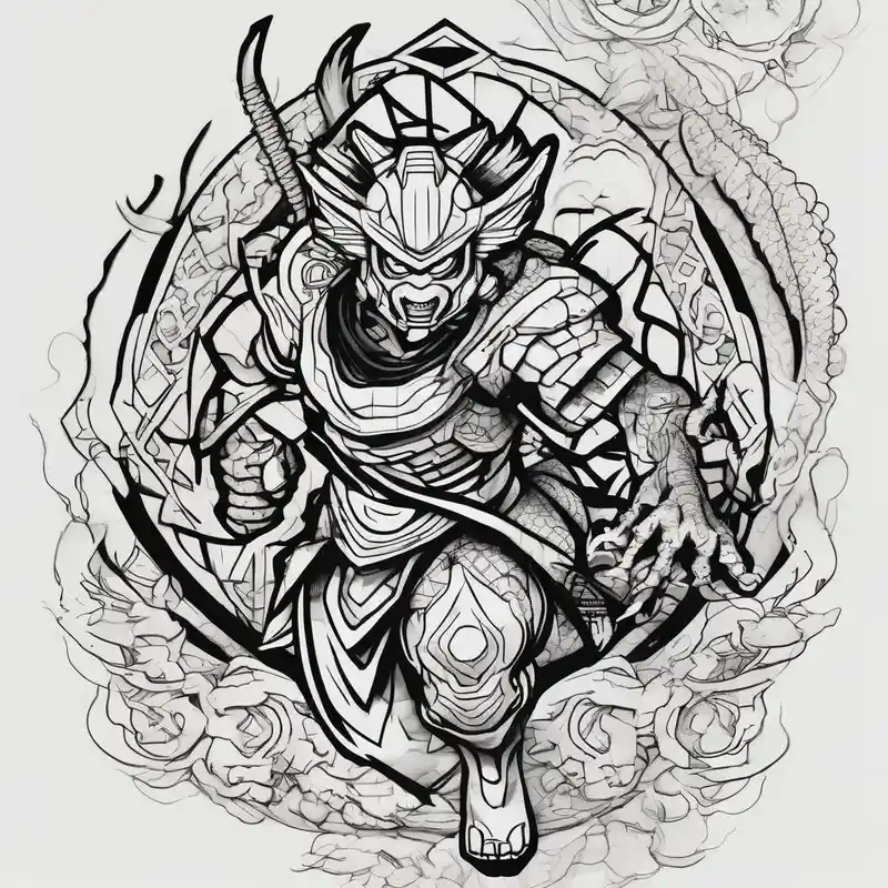 geometric style Idées de tatouage Godzilla en 2025 about A tattoo depicting a Samurai battle between Master Chief from Halo and Cell from Dragon Ball Z