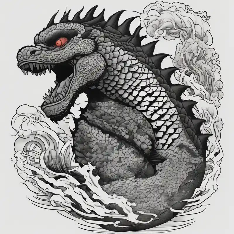 blackwork style 2025年の「神は高低を超える」というタトゥーアイデア about Godzilla and a Koi fish and Godzilla and a Koi fish