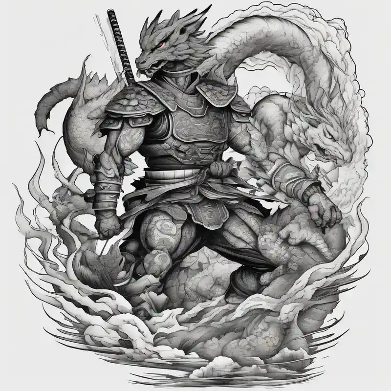 surreal style 2025年の「神は高低を超える」というタトゥーアイデア about A tattoo depicting a Samurai battle between Master Chief from Halo and Cell from Dragon Ball Z