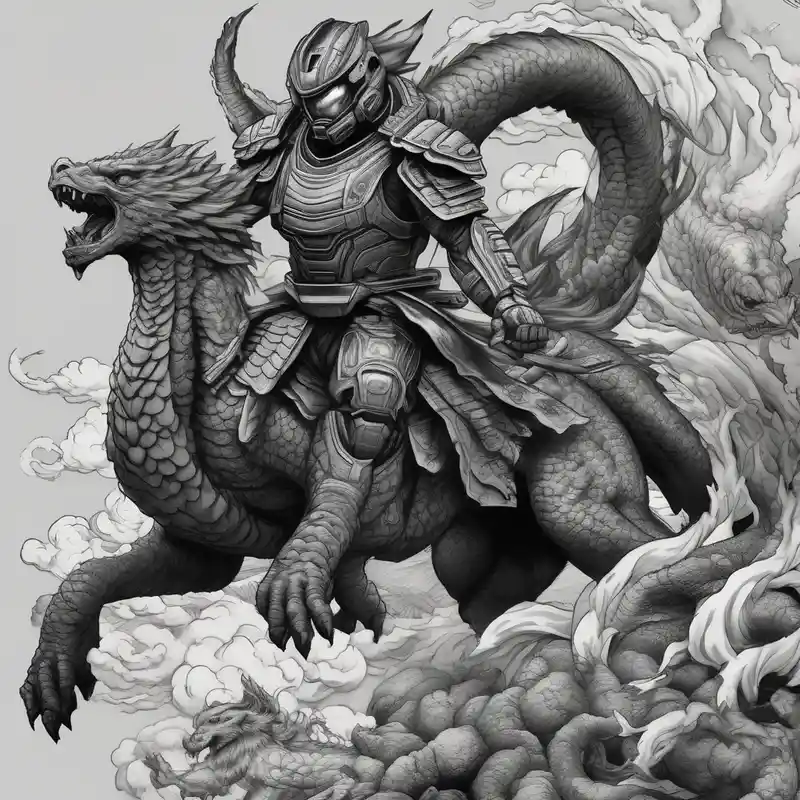 realistic style Ideas para Tatuajes de Serpientes Japonesas en 2025 & Generar gratis about A Japanese styled tattoo depicting Master Chief riding the Nine Tails and while they battle Majin But on top of Godzilla. Everyone is wearing vibrant samurai outfits.