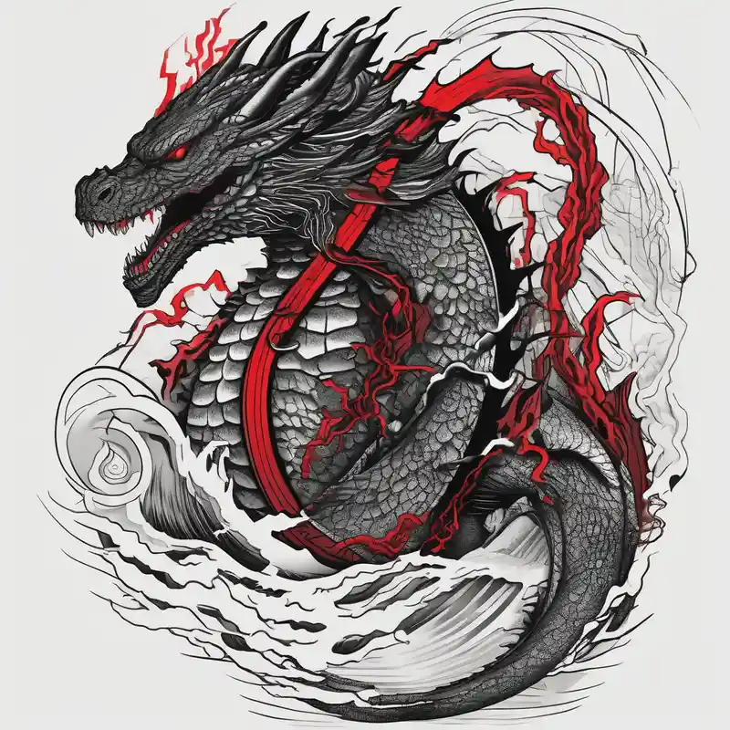 surreal style 2025年の「神は高低を超える」というタトゥーアイデア about godzilla inspired dragon irezumi arm sleeve in black and red with water and lightning and godzilla inspired dragon irezumi arm sleeve in black and red with water and lightning