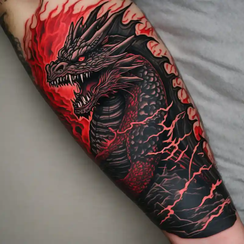 blackwork style 2025年の「神は高低を超える」というタトゥーアイデア about godzilla inspired dragon irezumi arm sleeve in black and red with water and lightning and godzilla inspired dragon irezumi arm sleeve in black and red with water and lightning