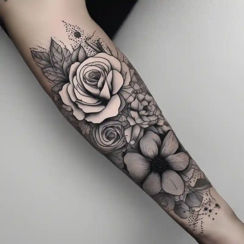 dotwork style 2025年の男性向けハーフスリーブタトゥーデザインのアイデア about Pin up arm sleeve. With October flower November flower December flower half-sleeve--for-men and Pin up arm sleeve. With October flower November flower December flower half-sleeve--for-men