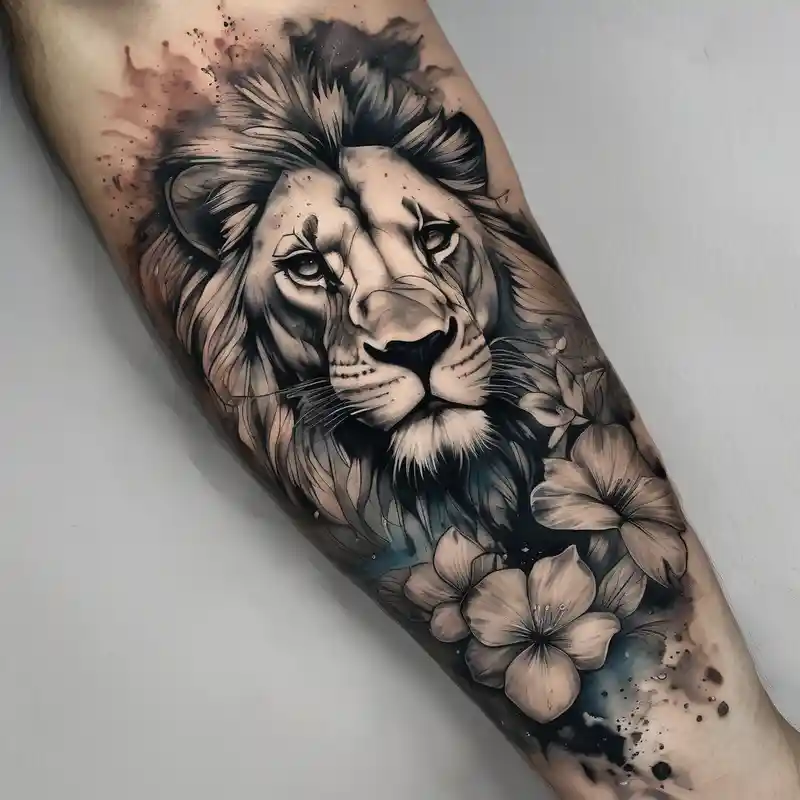 watercolor style Lion Tattoo Behind Ear Ideas in 2025 & free generation about Forearm sleeve tattoo including lion clouds jasmine flower names dates covering the whole forearm. I don’t want it to be girly more tough half-sleeve--for-men and Forearm sleeve tattoo including lion clouds jasmine flower names dates covering the whole forearm. I don’t want it to be girly more tough half-sleeve--for-men