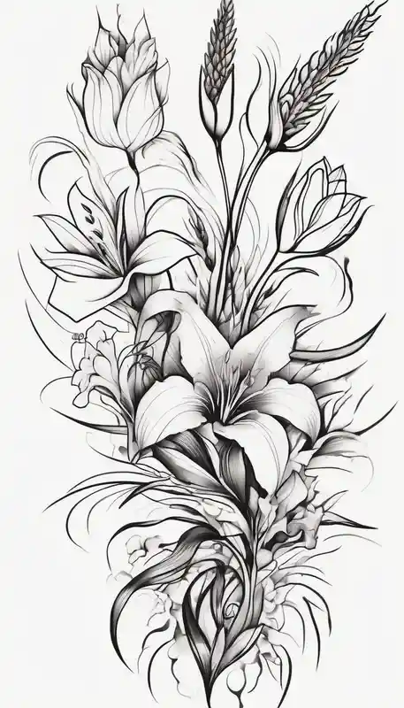 minimalist style Dragon Tattoo Ideas in 2024 about Vertical floral arm sleeve with wheat and dragonflower and snapdragon