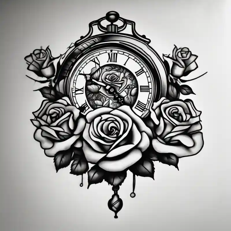 blackwork style Ideas de tatuajes en el bíceps para hombres en 2025 about Clock with roses on shoulder/bicep going into roses with the word amor on forearm full sleeve half-sleeve-for-men and Clock with roses on shoulder/bicep going into roses with the word amor on forearm full sleeve half-sleeve-for-men