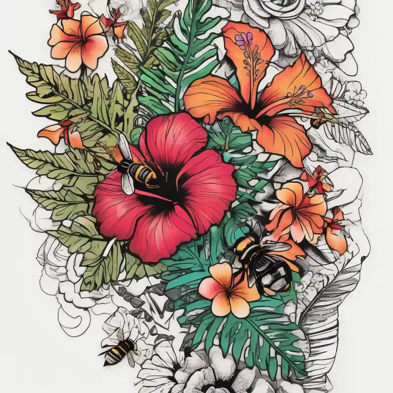 blackwork style Half Sleeve Tattoo Ideas and Designs in 2024 about Half sleeve with wildflowers and hibiscuis