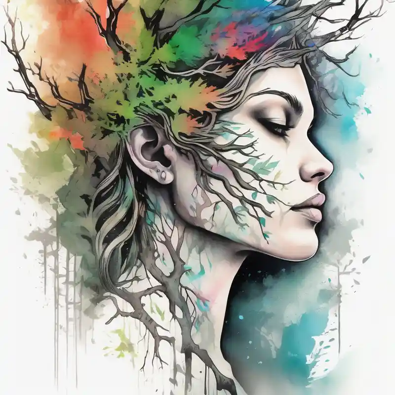 watercolor style Tree Tattoo Ideas and Designs in 2024 about Forest goddess looking down side profile  tree branches forming into her face middle arm sleeve half-sleeve-for-men and Forest goddess looking down side profile  tree branches forming into her face middle arm sleeve half-sleeve-for-men