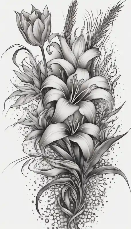 dotwork style Dragon Tattoo Ideas in 2024 about Vertical floral arm sleeve with wheat and dragonflower and florals and tulips lilly orchid and Queen-of-the-Night half-sleeve-for-men