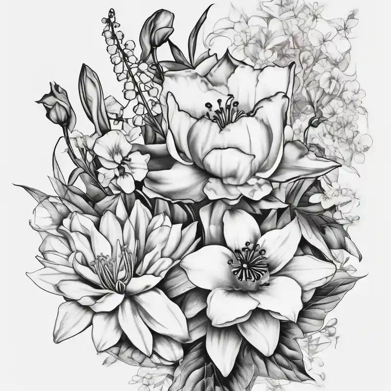 black and white style Half Sleeve Tattoo Ideas and Designs in 2024 about Larkspur and Lily of the valley