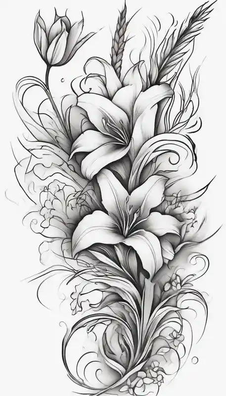 watercolor style Dragon Tattoo Ideas in 2024 about Vertical floral arm sleeve with wheat and dragonflower and florals and tulips lilly orchid and Queen-of-the-Night half-sleeve-for-men