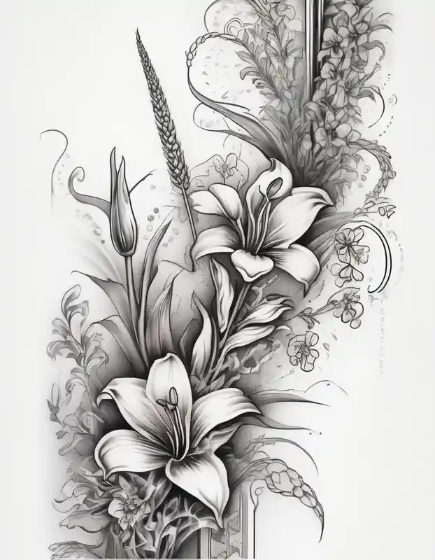 dotwork style Dragon Tattoo Ideas in 2024 about Vertical floral arm sleeve with wheat and dragonflower and snapdragon