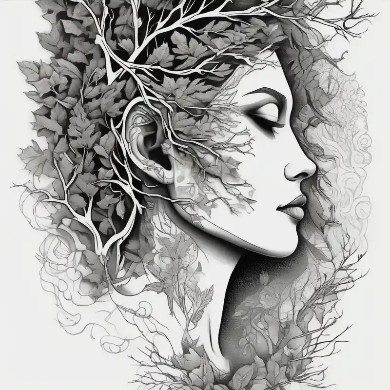 dotwork style Tree Tattoo Ideas and Designs in 2024 about Forest goddess looking down side profile  tree branches forming into her face middle arm sleeve half-sleeve-for-men and Forest goddess looking down side profile  tree branches forming into her face middle arm sleeve half-sleeve-for-men