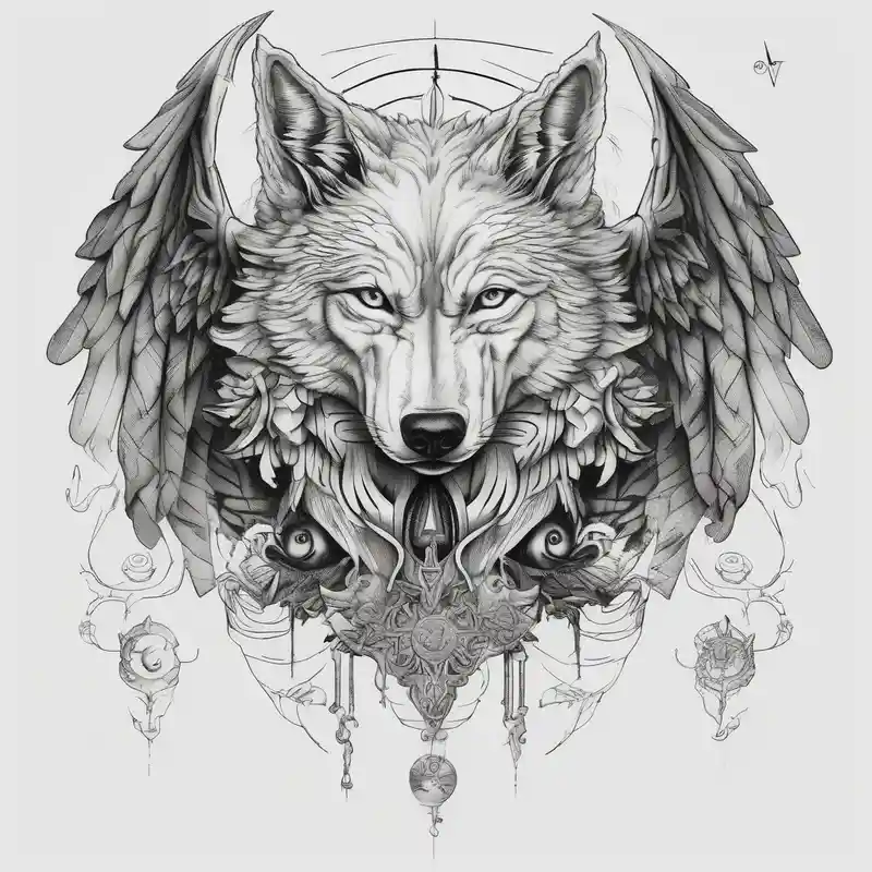 surreal style Wolf Tattoos Tattoo Ideas in 2025 & free generation about Half wolf half angel half-sleeve-for-men and Half wolf half angel half-sleeve-for-men