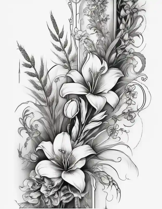 surreal style Dragon Tattoo Ideas in 2024 about Vertical floral arm sleeve with wheat and dragonflower and snapdragon