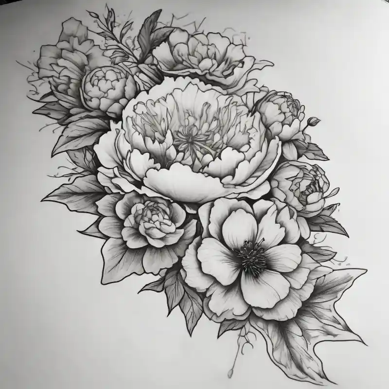 blackwork style Sleeve Tattoo Ideas and Designs in 2024 about 8 flowers to symboize 8 family design : 
peony and carnation