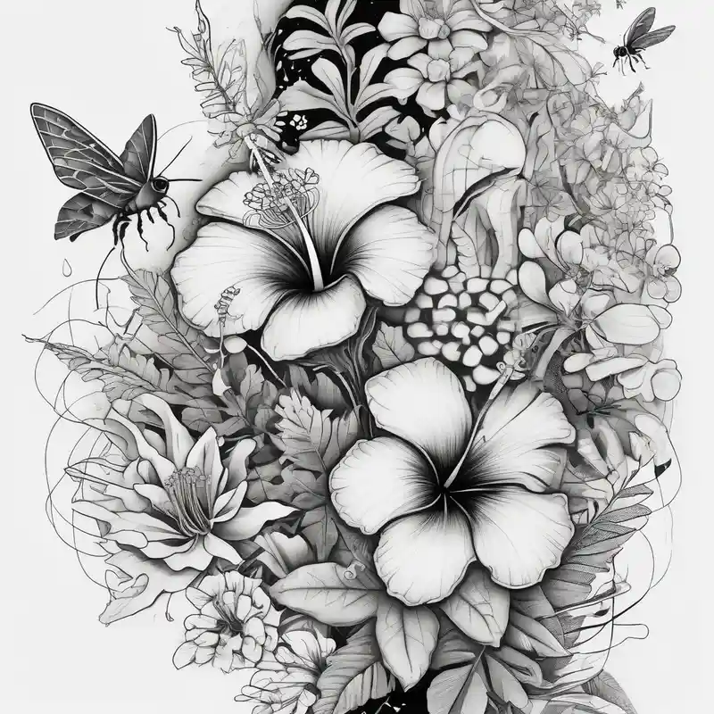 surreal style Half Sleeve Tattoo Ideas and Designs in 2024 about Half sleeve with wildflowers and hibiscuis