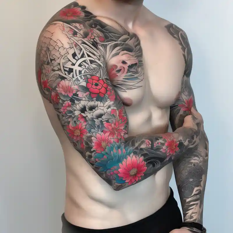 japanese style Sleeve Tattoo Ideas and Designs in 2024 about Sleeve tattoo and field of flowers with something cultural and majestic half-sleeve-for-men