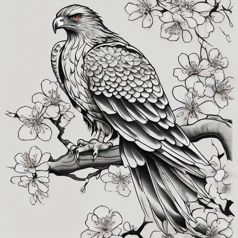 sketch style Leg Tattoos for Men in 2024 about traditional horimono tattoo. 
leg sleeve with the following elements: hawk and cherry blossoms half-sleeve-for-men and traditional horimono tattoo. 
leg sleeve with the following elements: hawk and cherry blossoms half-sleeve-for-men