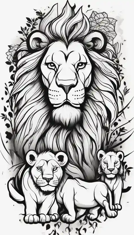 cartoon style Lion Tattoo Ideas and Designs in 2024 about Full sleeve tattoo depicting a large lion protecting his lioness and 6 lion cubs. Background should depict a safari scene half-sleeve-for-men and Full sleeve tattoo depicting a large lion protecting his lioness and 6 lion cubs. Background should depict a safari scene half-sleeve-for-men