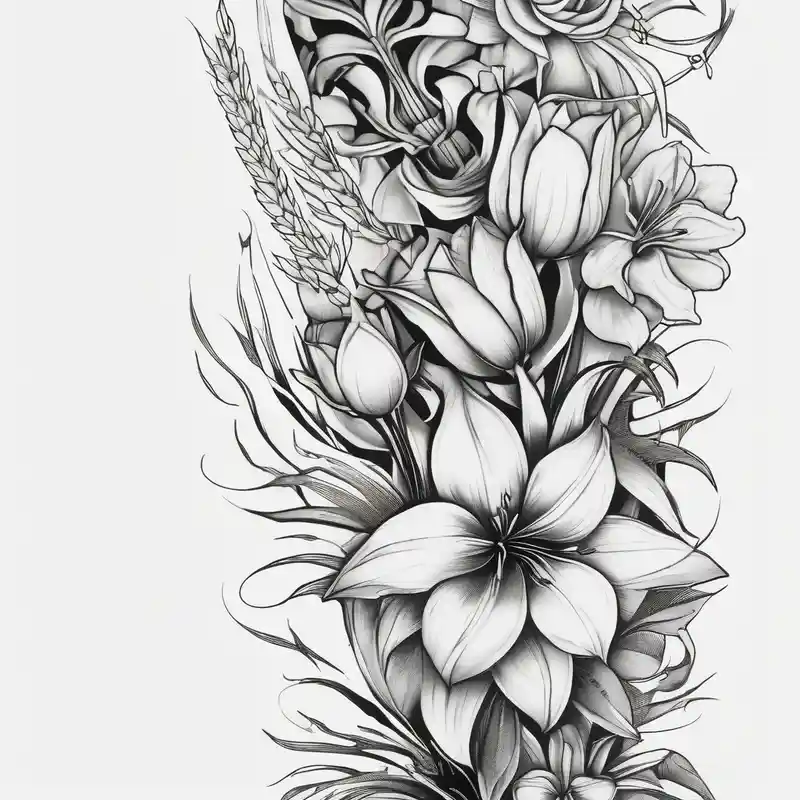 blackwork style Dragon Tattoo Ideas in 2024 about Vertical floral arm sleeve with wheat and dragonflower and snapdragon