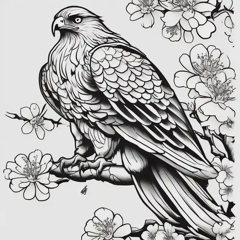 cartoon style Leg Tattoos for Men in 2024 about traditional horimono tattoo. 
leg sleeve with the following elements: hawk and cherry blossoms half-sleeve-for-men and traditional horimono tattoo. 
leg sleeve with the following elements: hawk and cherry blossoms half-sleeve-for-men