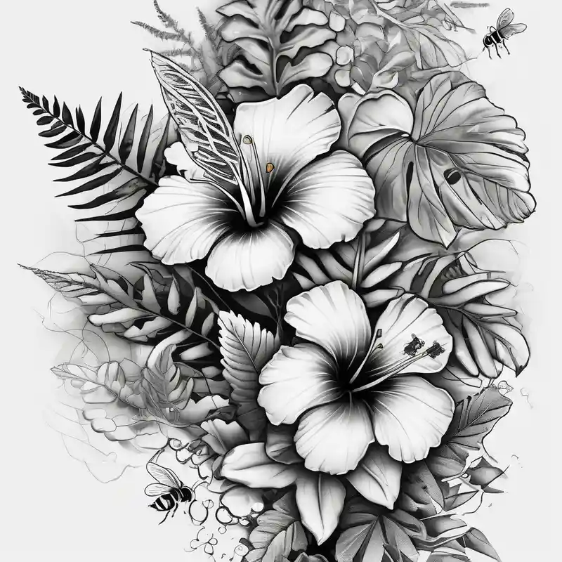 black and white style Half Sleeve Tattoo Ideas and Designs in 2024 about Half sleeve with hibiscuis and ferns