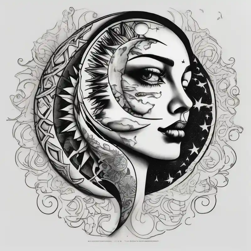 realistic style Moon Tattoo Designs and Meanings about sun and the moon and the overlap
the sun has a woman's half 
face