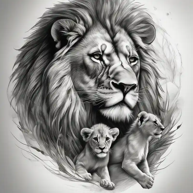 realistic style Lion Tattoo Ideas and Designs in 2024 about shoulder sleeve with lion and cub and landscape background half-sleeve-for-men