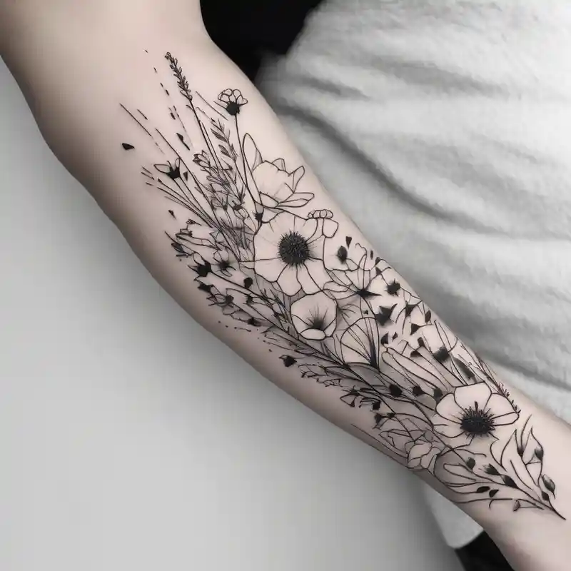 minimalist style Sleeve Tattoo Ideas and Designs in 2024 about Sleeve tattoo and field of flowers with something cultural and majestic half-sleeve-for-men