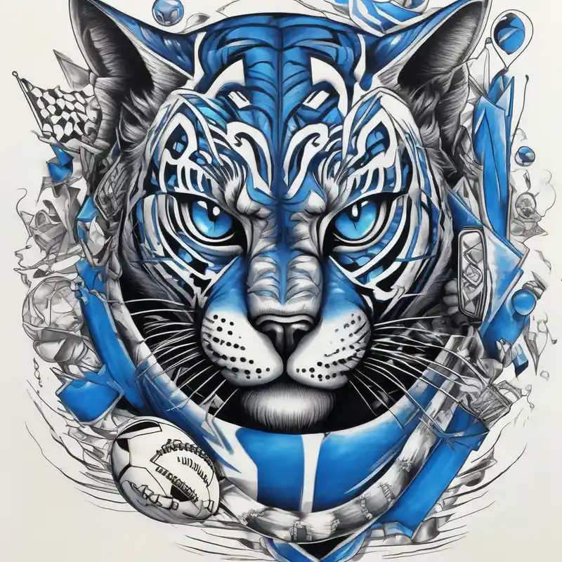 surreal style Male Sleeve Tattoo Designs and Ideas about blue wildcat in football attire  morphing into jfootball game night half of the face is a black male school student half-sleeve-for-men and blue wildcat in football attire  morphing into jfootball game night half of the face is a black male school student half-sleeve-for-men