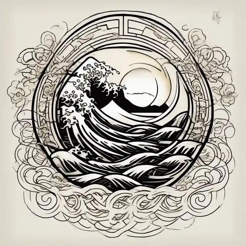 japanese style Sun Tattoo Designs and Meanings about Water element with half a sun and some water dots