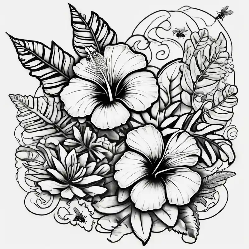 old school style Half Sleeve Tattoo Ideas and Designs in 2024 about Half sleeve with hibiscuis and ferns