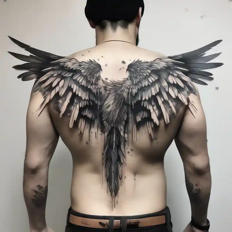 watercolor style Cross Behind Ear Tattoo Black Male Ideas in 2025 & free generation about Hawk wings across male upper back and shoulders with detailed feathers and extending a few inches down each arm hawk-tuah