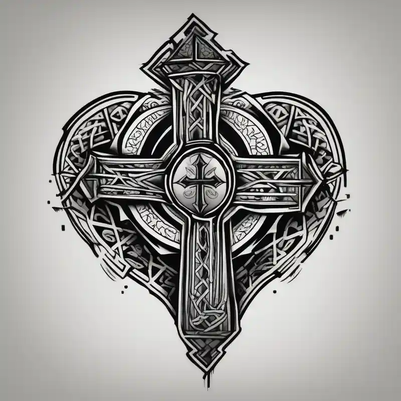 blackwork style Heartbroken Tattoo Ideas in 2025 & free generation about Heartbroken wit a cross and a heart that say destiny and Heartbroken wit a cross and a heart that say destiny