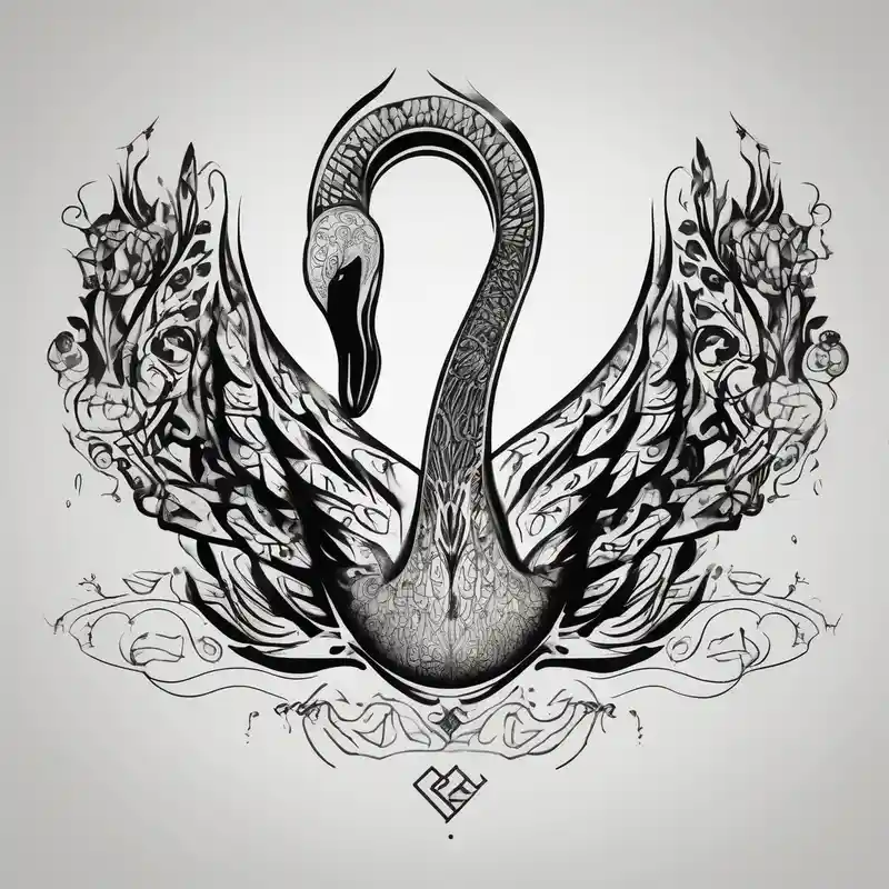 blackwork style Heartbroken Tattoo Ideas in 2025 & free generation about Contour of a swan and that has some Georgian words in it : including: სიცარიელე