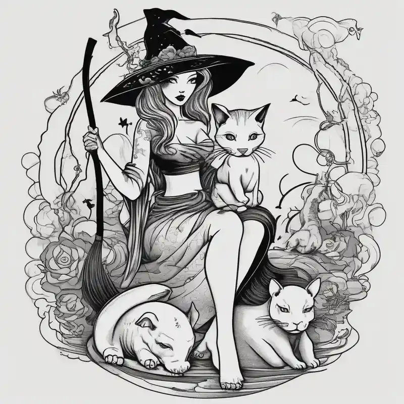 japanese style Beautiful Sleeve Tattoo Ideas in 2025 about Thin witches silhouette with a beautiful witches broom a black kitty and a Siamese kitty and a tiny hippo hello-kitty and Thin witches silhouette with a beautiful witches broom a black kitty and a Siamese kitty and a tiny hippo hello-kitty