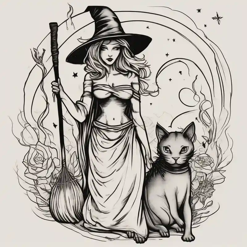 sketch style Beautiful Sleeve Tattoo Ideas in 2025 about Thin witches silhouette with a beautiful witches broom a black kitty and a Siamese kitty and a tiny hippo hello-kitty and Thin witches silhouette with a beautiful witches broom a black kitty and a Siamese kitty and a tiny hippo hello-kitty