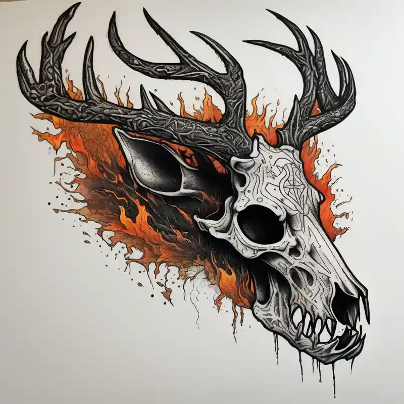 dotwork style Idées de tatouage de cerf sur la jambe en 2025 &Générer gratuitement about A frightening horror DECAYING deer skull JUST BONE side profile surrounded by a forest fire in background and A frightening horror DECAYING deer skull JUST BONE side profile surrounded by a forest fire in background