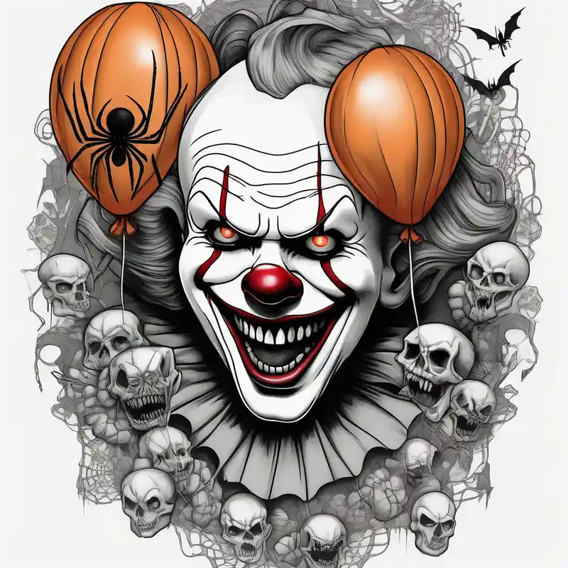 surreal style Jack Sparrow Tattoo Designs and Meanings about penny wise clown holding a single balloon and with spiders on webs that look evil